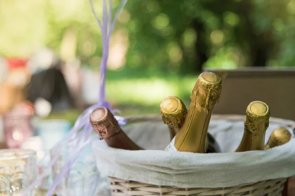 Romantisches Picknick mit Champagner auf dem Rasen. Urlaub, Party im Freien. Nahaufnahme. Picknickkorb und Decke auf dem Sommerrasen im Hintergrund und Champagnerflaschen — Stockfoto