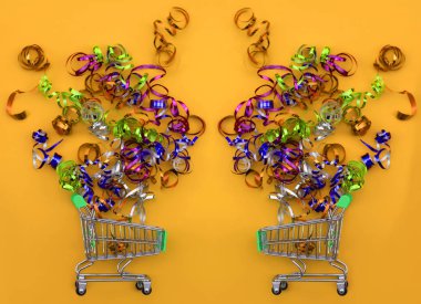 Çevrimiçi alışveriş konsepti, konfeti dolu el arabası. Kara Cuma ve Ciber Mondey. Düz yatış, üst görünüm