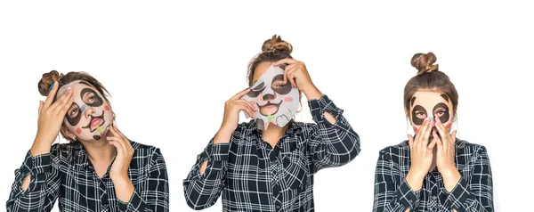 Ung tonåring flicka med ansiktspanda mask tittar på kameran isolerad på vit bakgrund. Kosmetisk procedur. Skönhet spa och kosmetologi. Kollage — Stockfoto