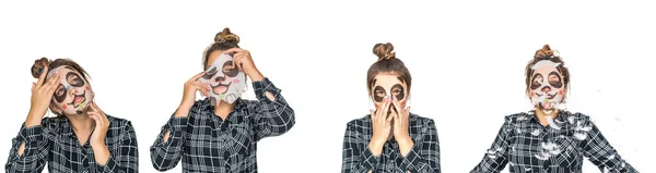 Joven adolescente con máscara de panda facial mirando a la cámara aislada sobre fondo blanco. Procedimiento cosmético. Spa de belleza y cosmetología. Collage. — Foto de Stock