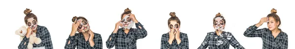 Jong tienermeisje met gezicht panda masker op zoek naar camera geïsoleerd op witte achtergrond. Cosmetische ingreep. Schoonheidssalon en kosmetologie. Collage — Stockfoto