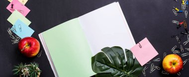 Düz yatıyordu, en iyi görünümü office tablo Resepsiyon. Çalışma alanı boş klibi kurulu, klavye, büro malzemeleri, kalem, yaprak yeşil ve siyah arka plan üzerinde kulaklık. ofis ürünleri ve Kırtasiye çerçeveli. Not defteri