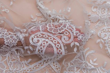 Doku danteli kumaş. Beyaz arka plan stüdyosunda dantel. İplik ya da iplikten yapılmış ince kumaş. Fildişi renkli dantel kumaşın arkaplan resmi. Bej arkaplanda beyaz dantel.