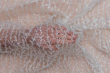 Doku danteli kumaş. Beyaz arka plan stüdyosunda dantel. İplik ya da iplikten yapılmış ince kumaş. Fildişi renkli dantel kumaşın arkaplan resmi. Bej arkaplanda beyaz dantel.