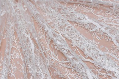 Doku danteli kumaş. Beyaz arka plan stüdyosunda dantel. İplik ya da iplikten yapılmış ince kumaş. Fildişi renkli dantel kumaşın arkaplan resmi. Bej arkaplanda beyaz dantel.