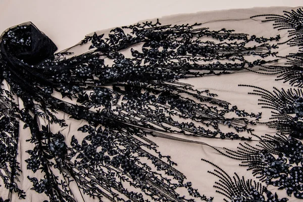 Handmade Floral Black Applique on Transparent Fabric. Stock Photo