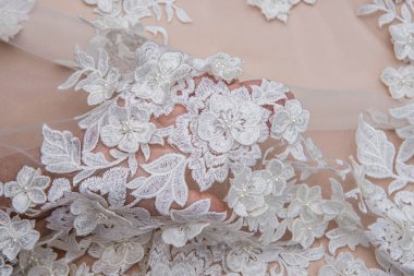 Doku danteli kumaş. Beyaz arka plan stüdyosunda dantel. İplik ya da iplikten yapılmış ince kumaş. Fildişi renkli dantel kumaşın arkaplan resmi. Bej arkaplanda beyaz dantel.