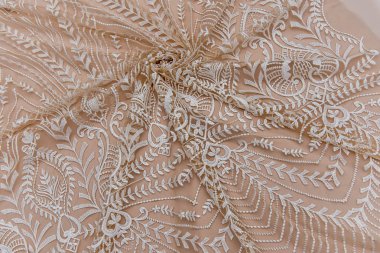 Doku danteli kumaş. Bej arka plan stüdyosunda dantel. İplik ya da iplikten yapılmış ince kumaş. Tipik olarak pamuk ya da ipekten yapılır. Döngü, bükme ya da örgü ipliği desenleri ile yapılır.