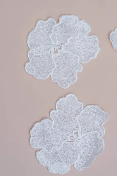 Textuur kant stof. kant op witte achtergrond studio. dunne stof van garen of draad. een achtergrond afbeelding van ivoor-gekleurde kant bloemen. Wit kant op beige achtergrond. — Stockfoto