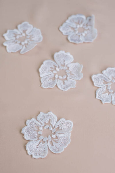 Texture lace fabric. lace on white background studio. thin fabric made of yarn or thread. a background image of ivory-colored lace flowers. White lace on beige background.