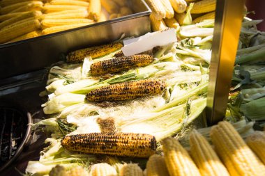 Mısır koçanı sos, kişniş, kireç, kırmızı biber ve peynir ile kızarmış. Meksika yemeği. Üstten görünüm. Kopya alanı