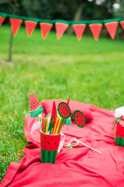 Fiesta de sandía, picnic para niños en el parque. día de sandía . —  Fotos de Stock