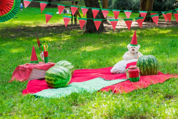 Watermelon party, picnic for children in park. watermelon day. — 스톡 사진