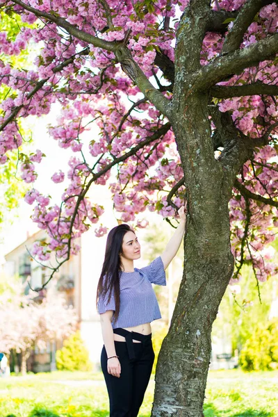 プラスサイズファッションモデルでカジュアル服、太りすぎ女性の体で公園屋外。春のコンセプト. — ストック写真