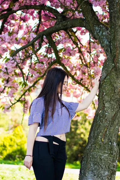 Plus storlek mode modell i avslappnade kläder, överviktig kvinnlig kropp i en park utomhus. Vårkoncept. — Stockfoto