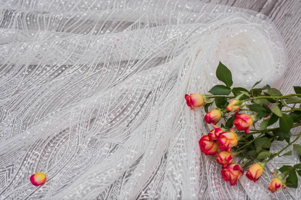 Fundo Madeira Branco Com Flores Brancas Primavera Rosas Fita Renda — Fotografia de Stock