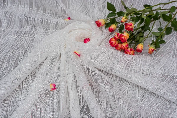 Fundo Madeira Branco Com Flores Brancas Primavera Rosas Fita Renda — Fotografia de Stock