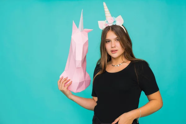 Kawaii Teenage Girl Cute Young Woman Unicorn Horn Holding Handmade — ストック写真