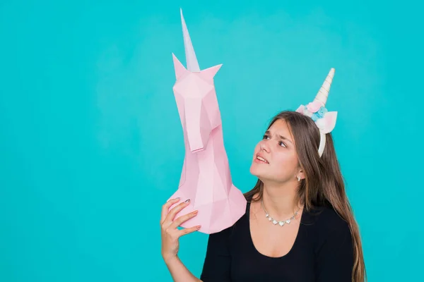 Kawaii Teenage Girl Cute Young Woman Unicorn Horn Holding Handmade — ストック写真