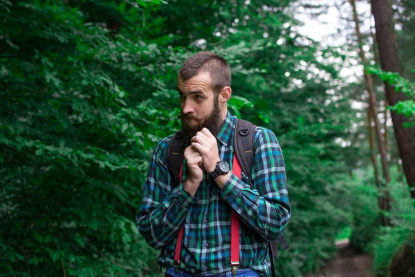 Handsome Man Hipster Beard Serious Face Cloth Shirt Suspenders Sunny — Stock Photo, Image