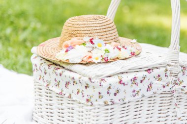 Bahar güneşli konsept. Anneler Günün kutlu olsun. Beyaz piknik sepeti ve saman çimlerin üzerinde yatıyor..