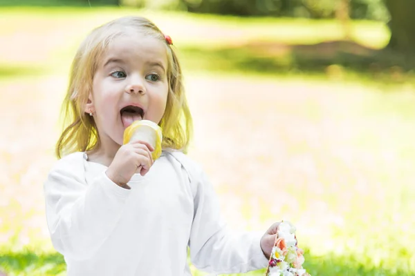 Gyönyörű Kislány Egy Parkban Egy Pikniken Szalmakosárral Sapkával Tavaszi Napsütés — Stock Fotó