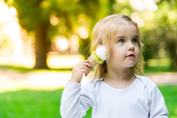 Una Bella Bambina Cammina Nel Parco Con Cestino Picnic Cappello — Foto Stock