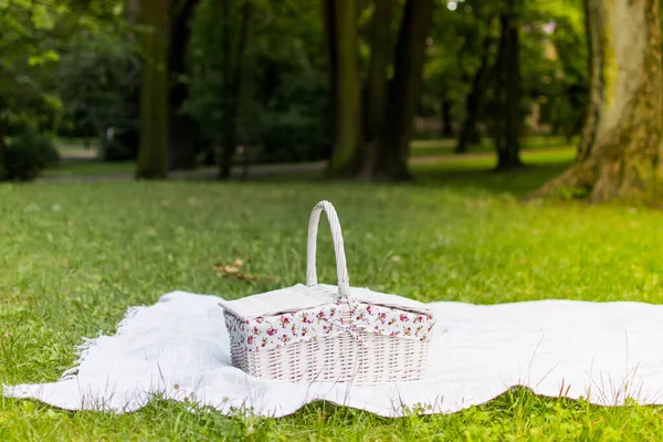 Picnic basket on green lawn. Outdoor picnic at sunny day. Vintage basket. Spring sunny concept. 8 March. Happy Mothers day.