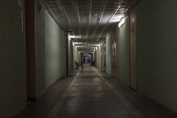 Длинный коридор с деревянными дверями и силуэт в конце Стоковая Картинка