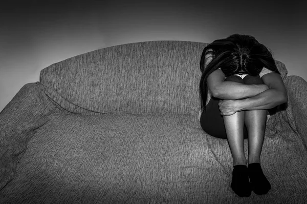 Lonely Sad Depressed Girl Abused Young Alone Her Dark Room — Stock Photo, Image