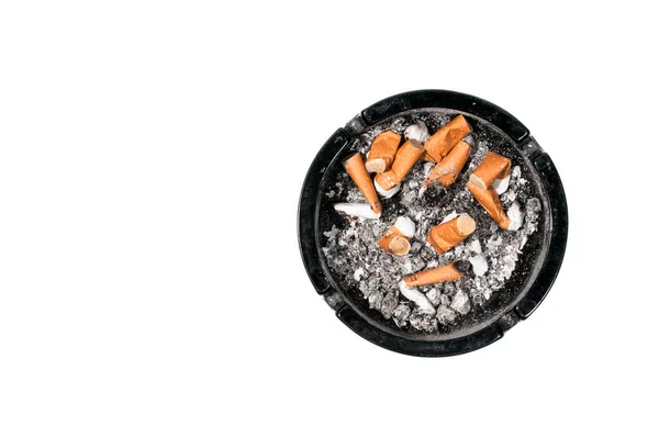 Dirty Ceramic Black Ashtray Full Cigarette Butts Isolated White Background — Stock Photo, Image