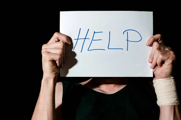 Mental Ill Suicidal Depression Man Holding Help Sign Paper Suicide — Stock Photo, Image