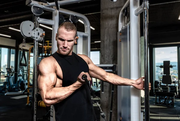 Jovem Muscular Forte Suado Ajuste Homem Bíceps Treino Máquina Cabo — Fotografia de Stock