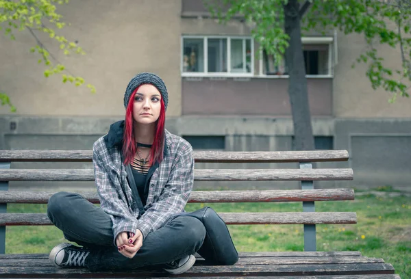 Young Beautiful Red Hair Girl Sitting Alone Outdoors Wooden Bench — Stock Photo, Image