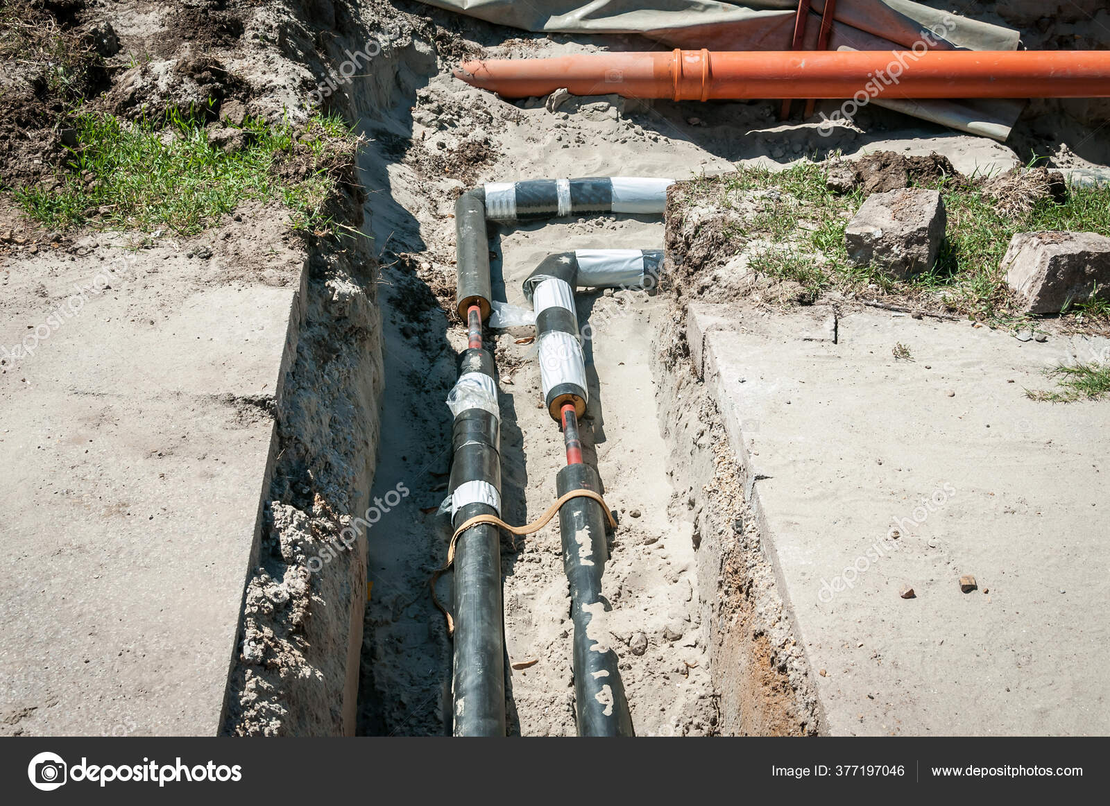 Laying Heating Pipes Trench Construction Site Installing Concrete
