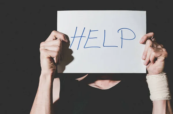 Mental Ill Suicidal Depression Depressed Man Holding Help Sign Paper — Stock Photo, Image