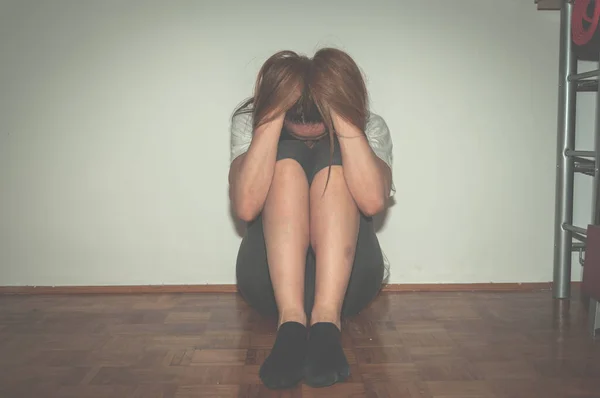 Depressed Lonely Girl Abused Young Sitting Alone Her Room Floor — Stock Photo, Image