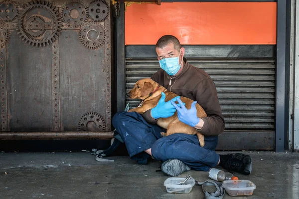 Πεινασμένος Άρρωστος Άστεγος Ζητιάνος Στο Δρόμο Σκύλο Του Ικετεύει Για — Φωτογραφία Αρχείου