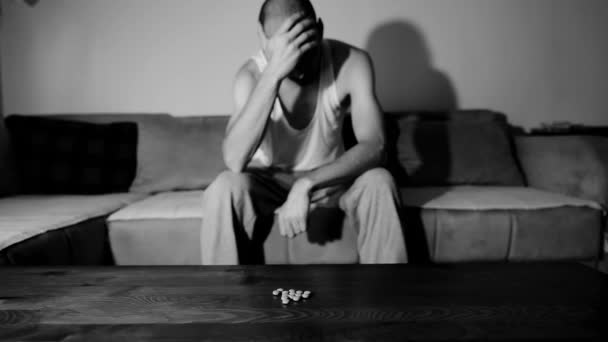 Depressed Man Suffering Suicidal Depression Want Commit Suicide Overdose Taking — Stock Video