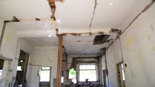 Broken Damaged Collapsed Ceiling Roof Old Dark House Abandoned Aftermath — Stock Video