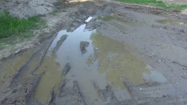 무거운 기계에 파괴된 진흙투성이의 흙탕길의 구멍들 위에는 위에서는 미끄럽고 내려다볼 — 비디오