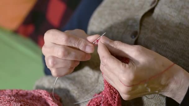 Hands Old Woman Holding Knitting Needles Colored Wool Woolwork Warm — Stock Video