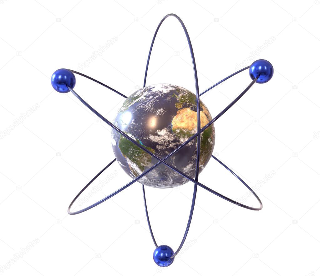 Analogy of the earth and the atom, 3d illustration 