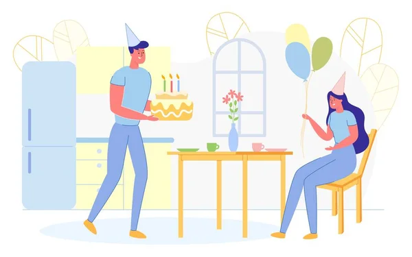 Щаслива пара святкування дня народження вдома, вечірка — стоковий вектор