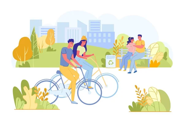 Faire du vélo en couple dans le parc, passer du bon temps . — Image vectorielle