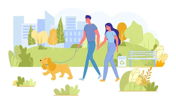 Para spacerująca z psem w parku miejskim, Wypoczynek. — Wektor stockowy