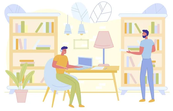 Dos chicos en la biblioteca, amigos estudiando en la universidad . — Vector de stock