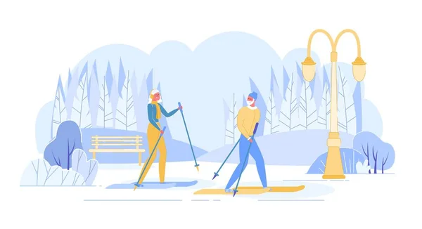 Aged Man Woman Skiers Cross Park at Winter Season.