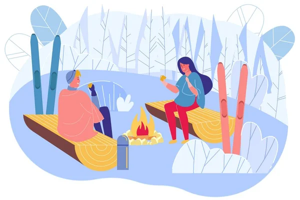 Плоская пара, сидящая у костра в зимний день . — стоковый вектор