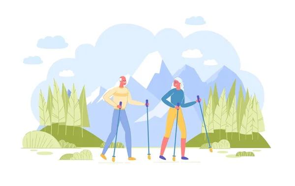 Pensioners Scandinavian Walking at Mountains. — Stock Vector